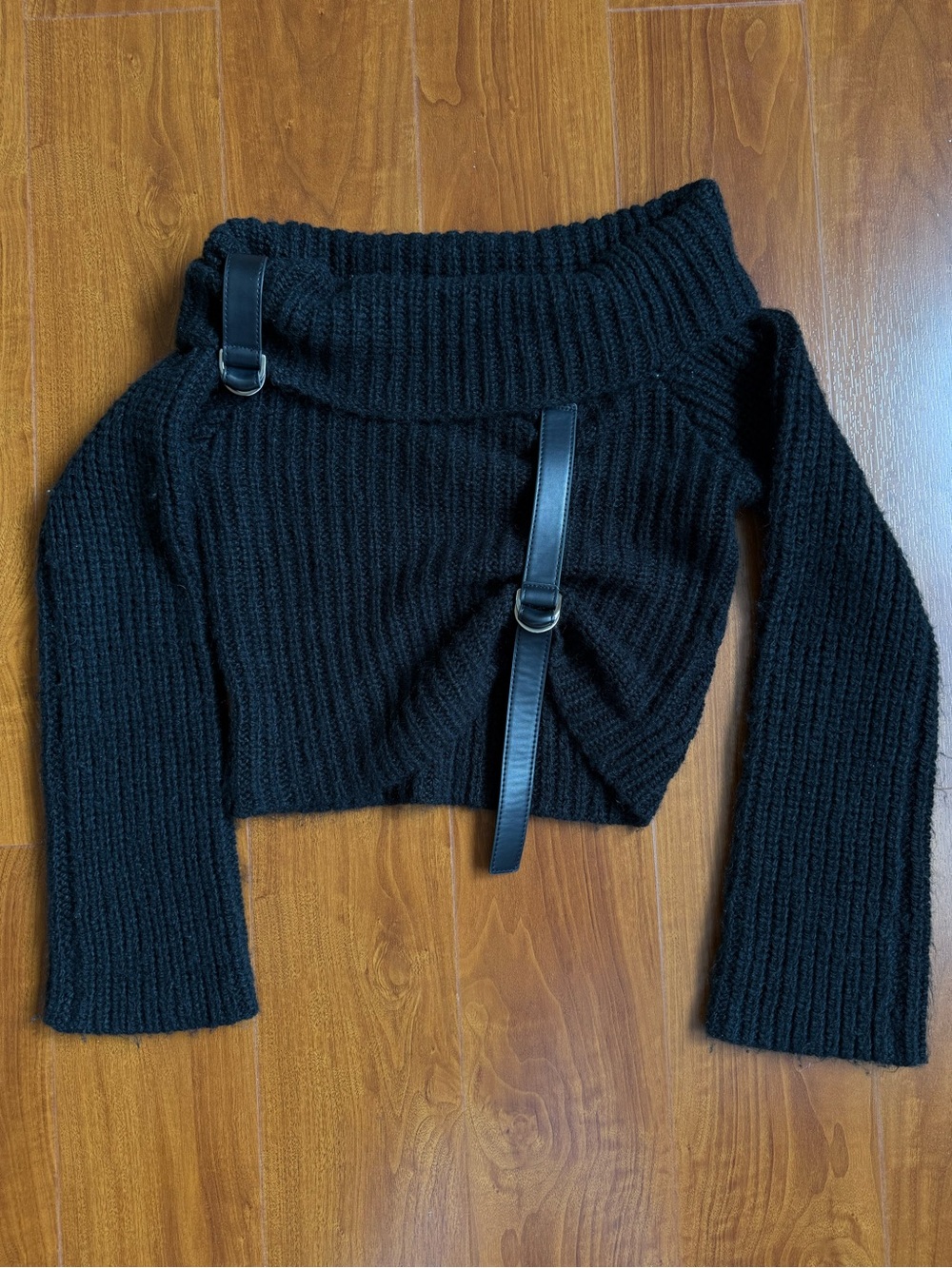 Tiger Mist Black Off-Shoulder Ribbed Sweater with Buckle Straps